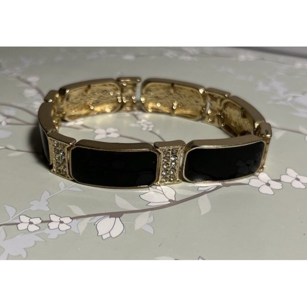 Vintage Black Enamel Link Tennis Bracelet Rhinestones Stretch Gold Tone Formal